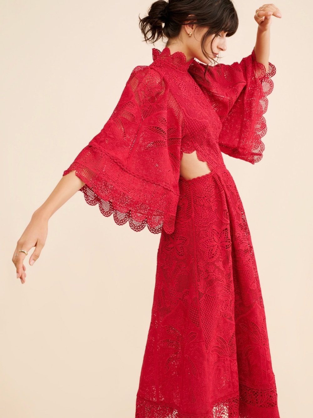 FARM Rio Guipire Cut Out Red Lace Midi Dress with Scalloped Bell Sleeves - Picture 3 of 4